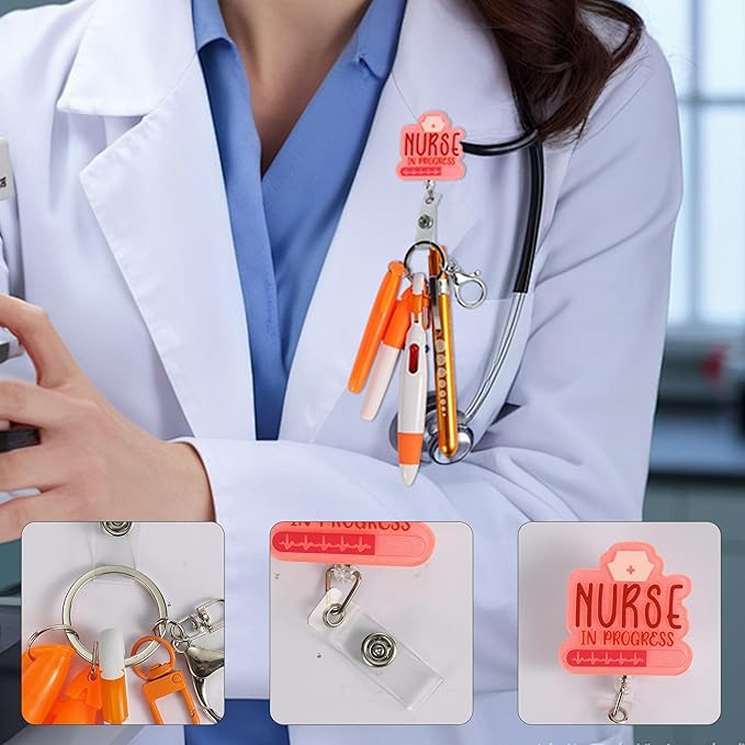 Student Nurse Pen Set Badge Reel Holder Accessories Clip, Retractable Mini Nursing Pen & Light Tool Set， Highlighter pens and Highlighter pens（Orange）