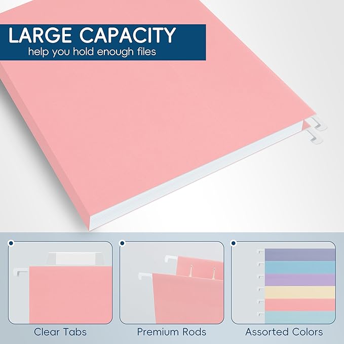 Pink Hanging File Folders,25 Pack Letter Size File Folders with 1/5-cut Tabs,Office Essentials for Filing Cabinet & Desk Storage