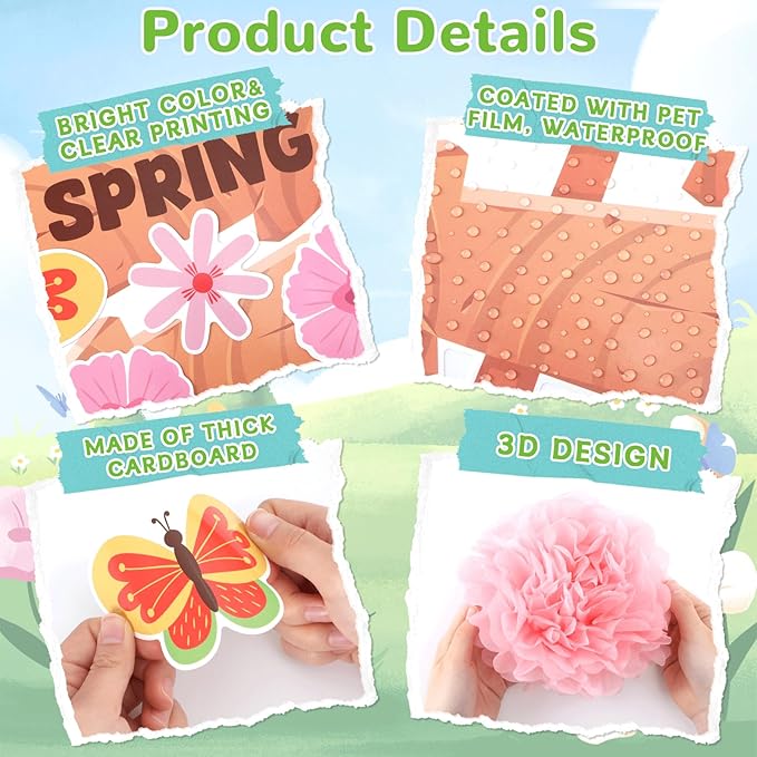 April Showers Bring May Flowers Bulletin Board with 3D Tissue Paper Pompoms Summer Floral Classroom Decoration Umbrella Clouds Flower Cutouts for Window Home Class School Nursery Supplies