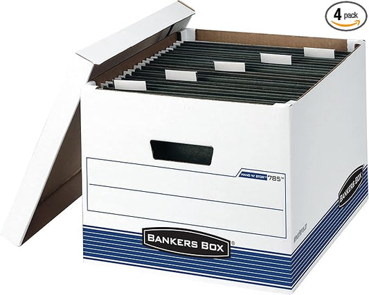 Bankers Box 4 Pack HANG'N'STOR Medium-Duty File Storage Boxes, FastFold, Lift-Off Lid, Letter/Legal, White/Blue
