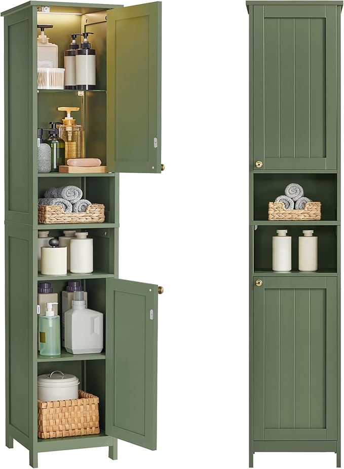 VASAGLE Tall Bathroom Cabinet with Lights, Slim Freestanding Bathroom Storage Cabinet with Adjustable Shelves, for Small Spaces, Modern, 15.7 Inches Wide, Forest Green UBBC766C01