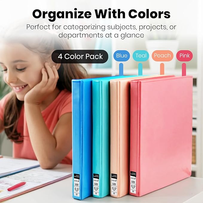 Yoobi 3 Ring Binders – 0.5 Inch Binder with Round D Rings and 2 Pockets, Durable, PVC-Free Organizer with 120 Sheets Capacity, 4- Pack Colored Binders with Plastic Cover for Office Supplies