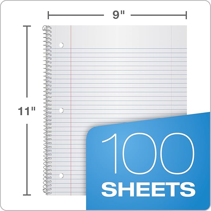 Oxford Spiral Notebooks, 1 Subject, College Ruled Paper, Durable Plastic Cover, 100 Sheets, Durable Divider Pocket, 3-Hole Punch, 3 Pack, Red, Black and Blue (10390)
