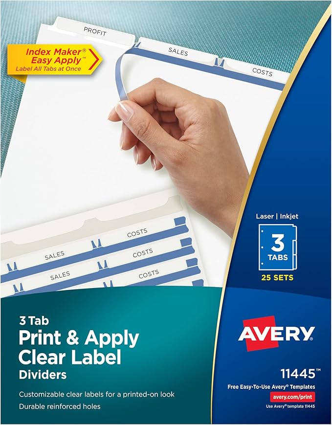 Avery 3-Tab Dividers for 3 Ring Binder, Easy Print & Apply Clear Label Strip, Index Maker Customizable White Tabs, 25 Sets (11445)