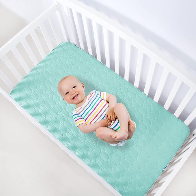 Crib Mattress Protector Sheets Waterproof 2 Pack, Quilted Crib Mattress Pad Cover Fitted Fits for Baby Toddler Bed Mattress, Aqua & Pink, 52” x 28”