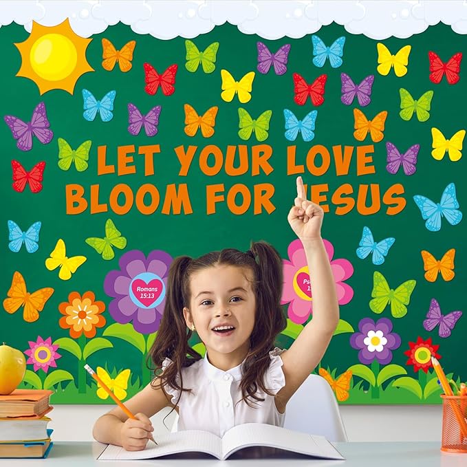 97 Pcs Christian Bulletin Board Decorations Let Your Love Bloom for Jesus Bulletin Board Sets Religious Faith Flower Butterfly Cutout for Summer Church Sunday School Classroom Wall Decor