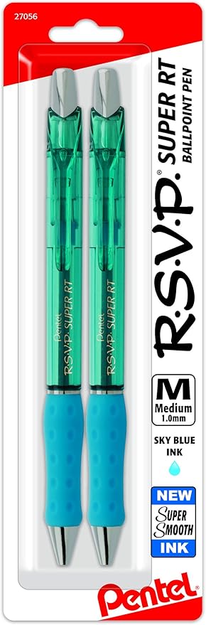 Pentel RSVP Super RT Ballpoint Pen, (1.0mm) Medium Line, Sky Blue Ink, Pack of 2 (BX480BP2S)