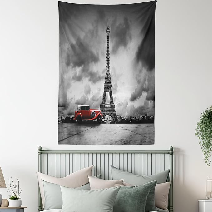 Ambesonne Eiffel Tower Tapestry Twin Size, Image of Eiffel Tower Paris France Vintage Car Street Dark Clouds, Wall Hanging Bedspread Bed Cover Wall Decor, 68" X 88", Black Red