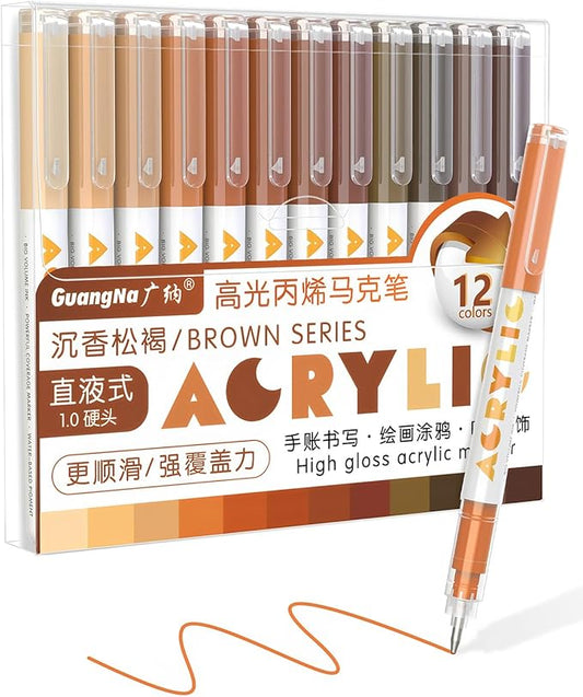 Guangna Brown Acrylic Gel Pens 12 Color, Colored Pens for Journaling, Coloring Books, Calligraphy, Note Taking & DIY Crafts, RollerBall Pen Tip
