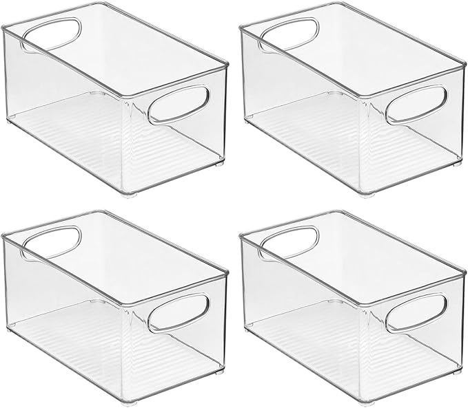 mDesign Plastic Home Office Organizer - Basket Storage Holder Bin with Handles for Desk, Cupboard, Cabinet, or Rolling Cart Shelves - Holds Notebooks, Files - Ligne Collection - 4 Pack - Clear