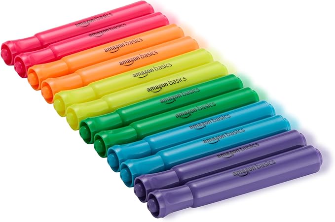 Amazon Basics Tank Style Highlighters, Chisel Tip, Bible Highlighter, Office and School Supplies, 12 Pack, Assorted Colors