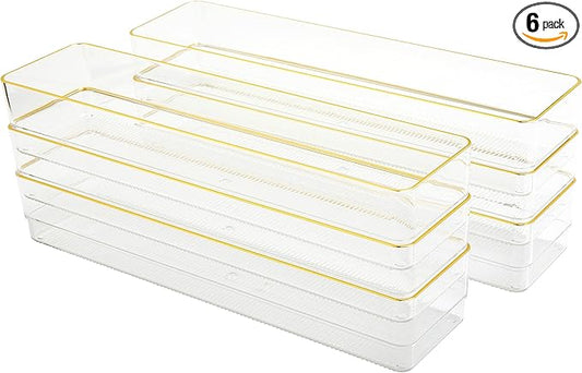Martha Stewart Kerry Plastic Stackable Office Desk Drawer Organizers, 12" x 3", 6 Pack, with Gold Trim