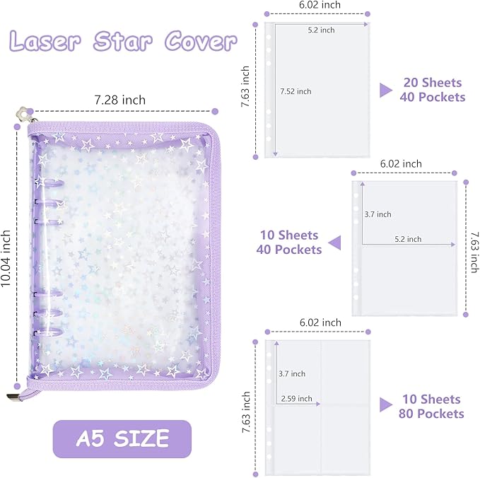 Sticker Organizer Binder - Reusable Sticker Collecting Book Storage Album Holder with Pocket Pages A5 Zipper Cover Collection Container (Purple)