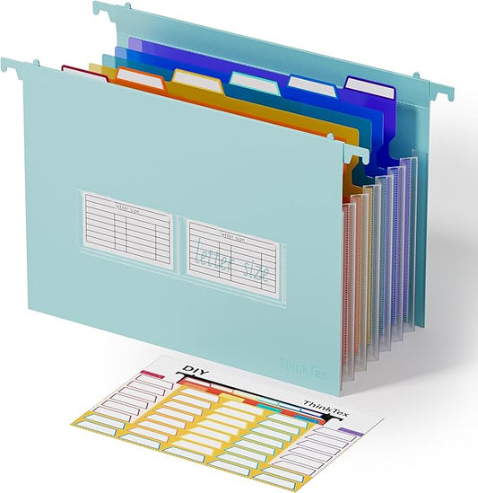 ThinkTex Plastic Expanding Hanging File Folders, 7 Innovative 1.2" Accordion Pockets, Large Capacity, Multi-Color Tabs, Letter Size for Filing Cabinet - Green