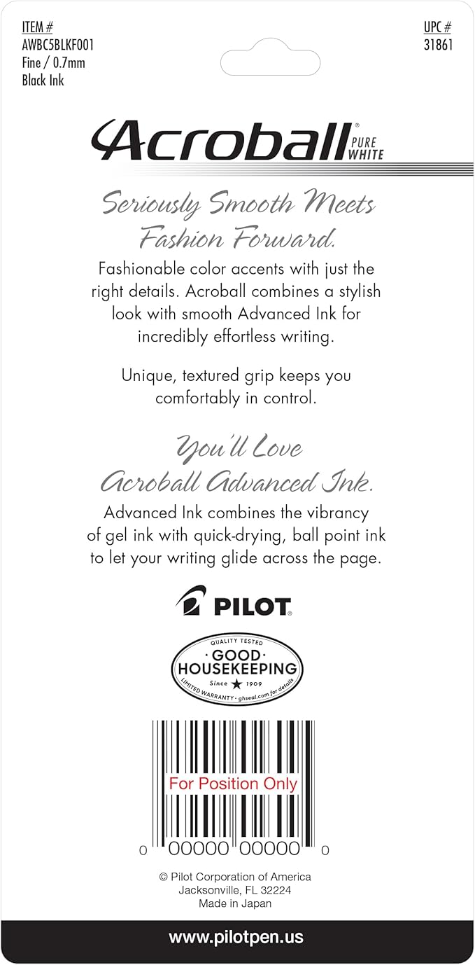 PILOT Acroball PureWhite Advanced Ink Refillable & Retractable Ball Point Pens with Turquoise/Orange/Purple/Lime/Blue Accents, Fine Point, Black Ink, 5-Pack (31861)