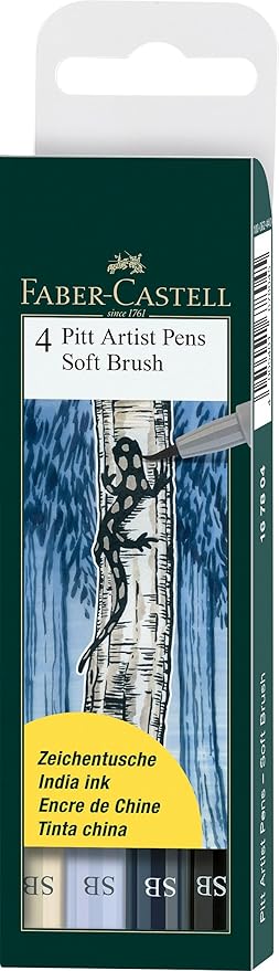 Faber-Castell Art & Graphic Pitt Artist Pen Soft Brush India Ink Pen, Multicoloured, Wallet of 4, for Art, Craft, Drawing, Sketching, Home, School, University, Colouring