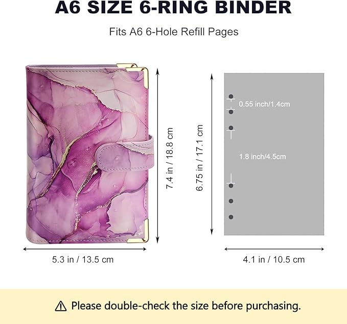 A6 Refillable 6 Ring Faux Leather Budget Binder,Mini Notebook Binder Cover for A6 Filler Paper,Loose Leaf Personal Planner Cover with Magnetic Buckle Closure (Marble Purple)