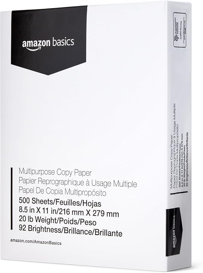 Amazon Basics Multipurpose Copy Printer Paper, 20 lb, 8.5 x 11 Inches, 8 Reams (4,000 Sheets), 92 Bright White, Great for Crisp Ink Printing