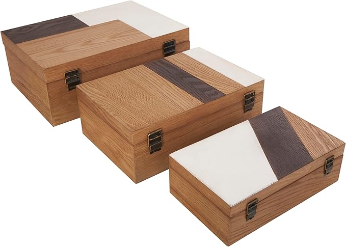 Deco 79 Wooden Geometric Decorative Box Decorative Keepsake Boxes with Cream and Dark Brown Stripes, Set of 3 Storage Boxes 14", 12", 10"W, Brown