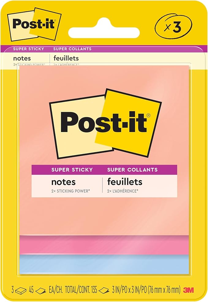 Post-it Super Sticky Notes, 3 Sticky Note Pads, 3 x 3 in., Ideal for Organization in Your Dorm, Home or Office, 2X The Sticking Power, Summer Joy Collection