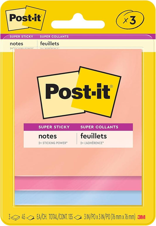 Post-it Super Sticky Notes, 3 Sticky Note Pads, 3 x 3 in., Ideal for Organization in Your Dorm, Home or Office, 2X The Sticking Power, Summer Joy Collection