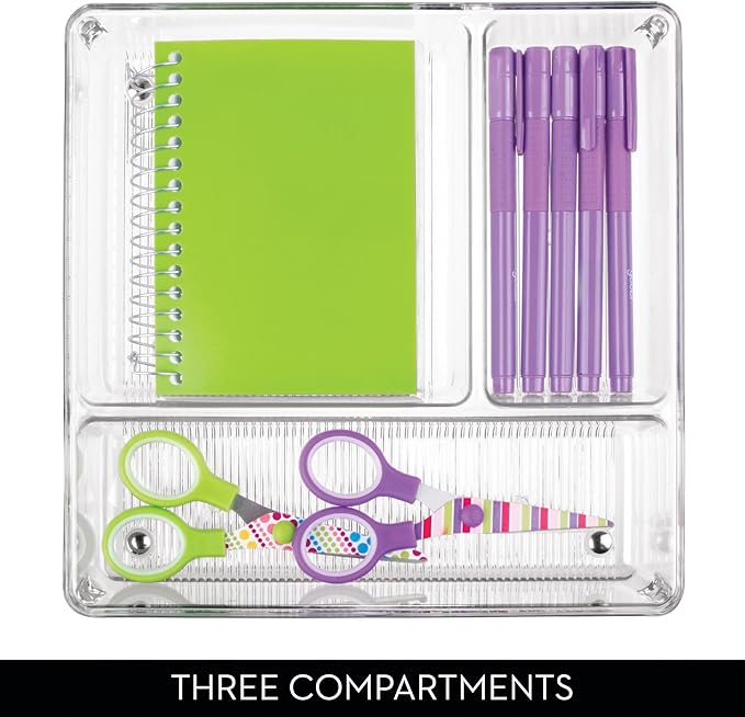 iDesign 3-Section Drawer Organizer for Kitchen, Bathroom, and Desk Drawers - Set of 3 - Clear