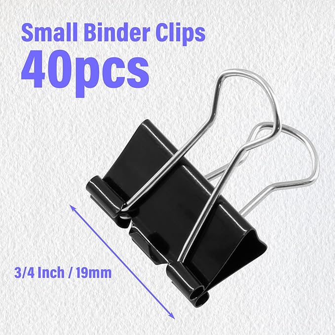 40 Pack Small Binder Clips - 3/4 Inch / 19mm Black Metal Paper Clamps for Office, School, Home, DIY, Business - File Clips, Teacher Supplies