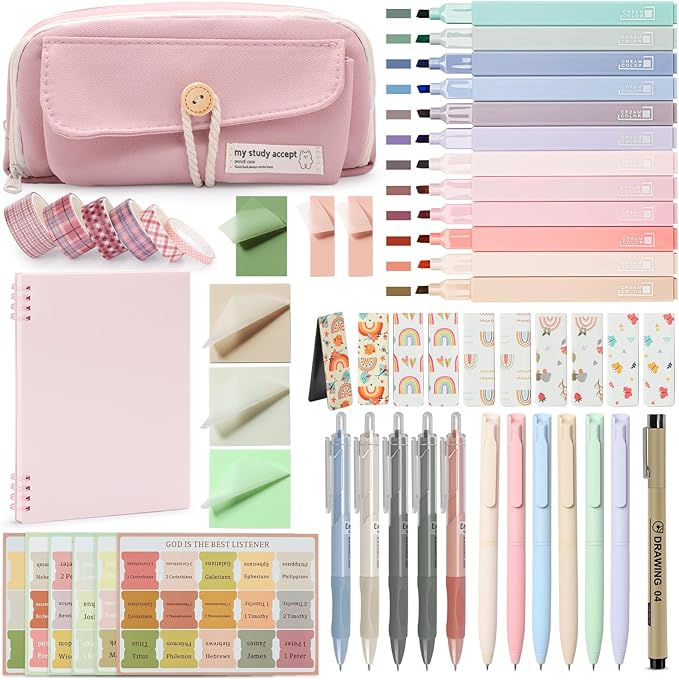 54Pcs Bible Study Supplies, Bible Journaling Kit with Pencil Case, Notebook, No Bleed Highlighters, Pens, Laminated Tabs & More, Note Taking Supplies, Valentines Day Gifts for Women, Pink