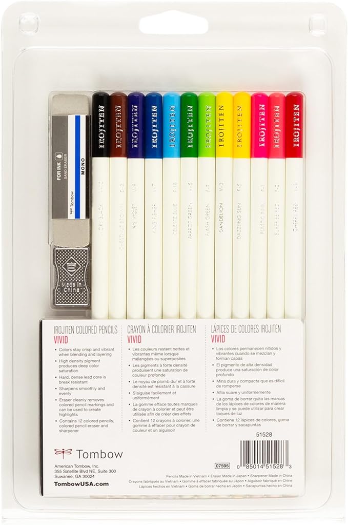 Tombow 51528 Irojiten Colored Pencil Set, Vivid. Includes 12 Premium Colored Pencils, Sharpener, and Colored Pencil Eraser