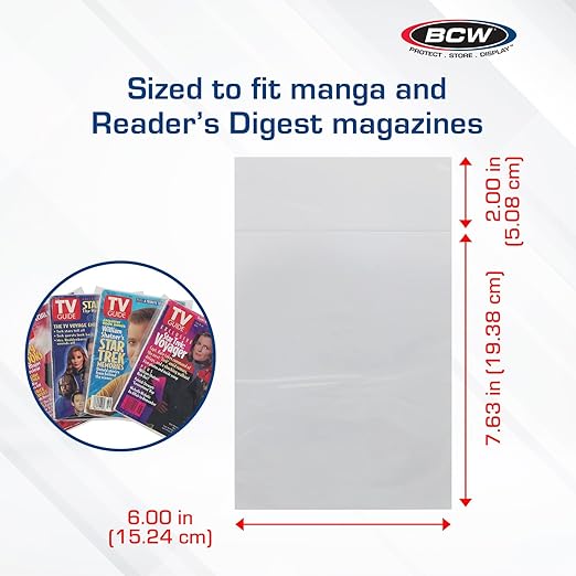 BCW Digest & Manga Polypropylene Bags – 100 Pack | Clear Acid-Free Manga & Digest Book Protector Bags with Fold-Over Flap | Archival-Safe Storage for Manga & Reader’s Digest