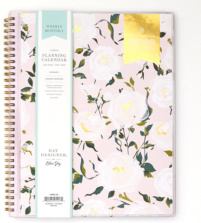 Blue Sky Day Designer 2026 Weekly and Monthly Planner Calendar, January 2026 - December 2026, 8.5" x 11", Clear Pocket Cover, Durable Twin Wire Binding, Includes Storage Pocket, Stickers, Coming Up Roses