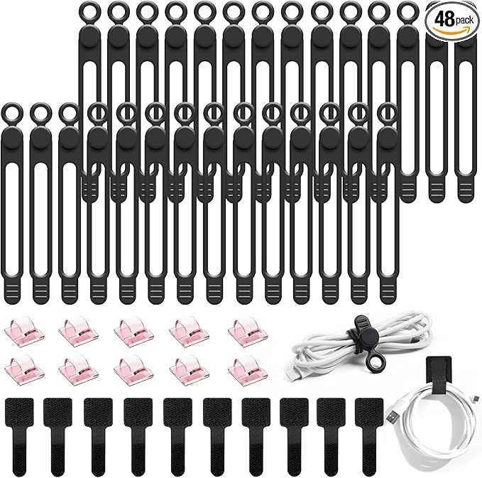 48Pcs Cord Organizer Kit, Reusable Elastic Silicone Cable Ties, Strong Adhesive Cable Clips for Cable Management, Multipurpose Wire Management for Bundling and Fastening Various Wires (Black）