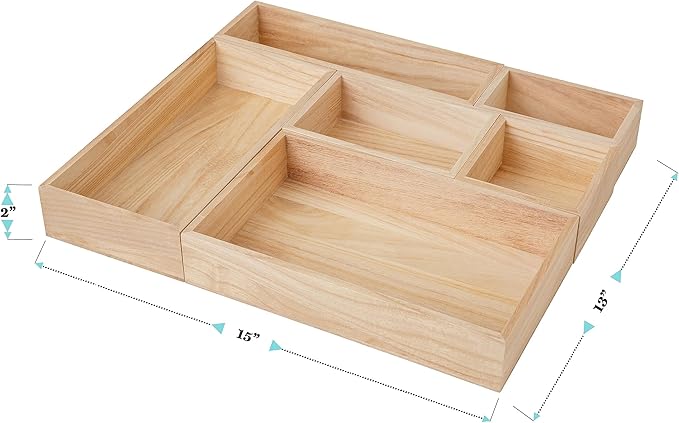 Martha Stewart Enzo Wooden Desk Drawer Organizer Set, Paulownia Wood Organizers in Various Sizes, 6 Piece, Light Natural