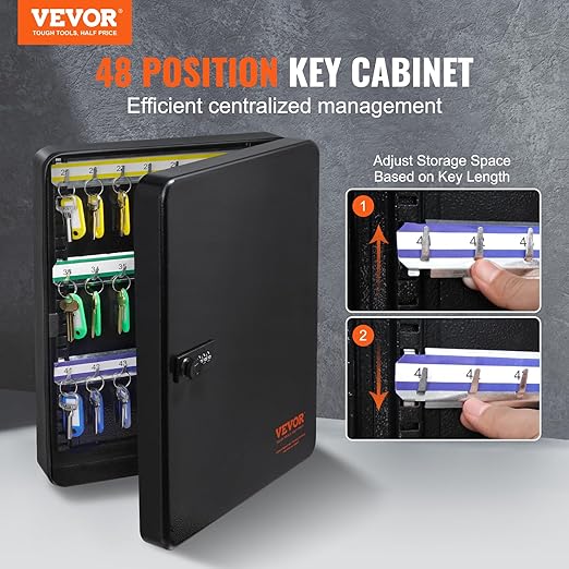 VEVOR 48-Key Cabinet, Key Safe with Combination & Key Lock, Digital Security Storage Box Steel Key Organizer with Adjustable Racks, 48 pcs Colorful Key Tags and A Record Card for School, Office, Hotel