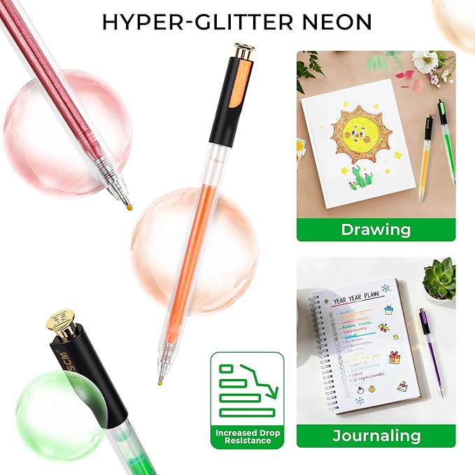 Retractable Glitter Neon Pens, 7 Colors Large Capacity UV Reactive Sparkle Gel Ink Pens for Adult Coloring, 1.0 mm Fine Point Smooth Writing Color Pen for UV Art Note Taking Aesthetic Art Supplies