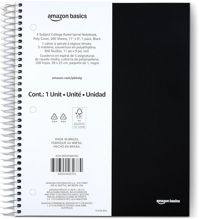 Amazon Basics College Ruled Spiral Notebook, Poly Cover, 5 Subject, 200 Sheets, 9" x 11", Black, 1-pack
