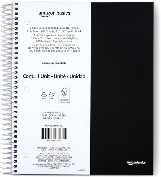 Amazon Basics College Ruled Spiral Notebook, Poly Cover, 5 Subject, 200 Sheets, 9" x 11", Black, 1-pack