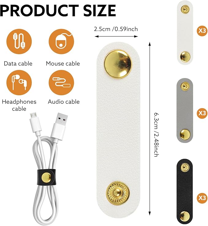 12 Pcs Cord Organizer, Stocking Stuffers for Men Portable PU Leather Cord Holder Winder Keeper Earphone Cable Cord USB Straps Earphone Winder with Leather Handmade(Black/White/Grey)