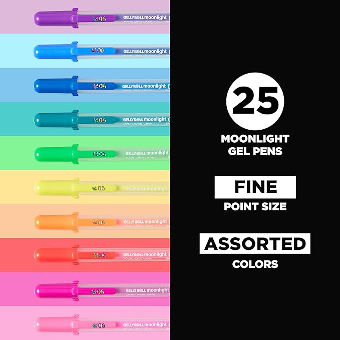 SAKURA Gelly Roll Moonlight 25 Pack, 06 Fine point, Bright Opaque Ink Gel Pens, Creamy Smooth Ink, Writes on Dark Paper