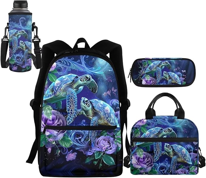 Kids School Backpack Set for Girls 4-7 10-12 Kids School Bag Sea Turtle Bookbag Teen Schoolbag with Matching Lunch Bag Pencil Pouch Water Bottle Sleeve Elementary Preschool Kindergarten