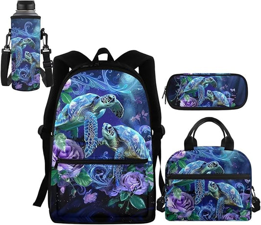 Kids School Backpack Set for Girls 4-7 10-12 Kids School Bag Sea Turtle Bookbag Teen Schoolbag with Matching Lunch Bag Pencil Pouch Water Bottle Sleeve Elementary Preschool Kindergarten