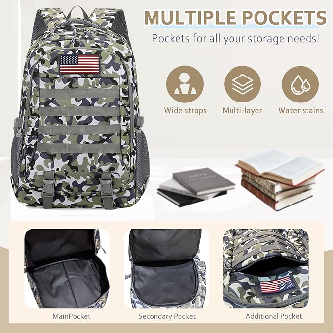 35L Camo Tactical Backpack for Boys - Waterproof 19'' Kids Bookbag with 15.6" Laptop Compartment, MOLLE System School Bag for Camping Hiking Travel