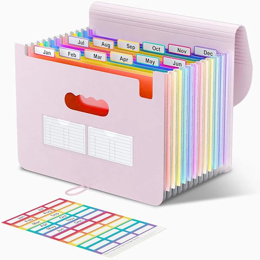 ThinkTex Accordion File Organizer, 12 - Pocket Expanding File Folders for Paper Receipts, Bills & Taxes Organizer, Letter/A4 Size Document Holder for School, Office, Home with tabs-Pinkish Purple