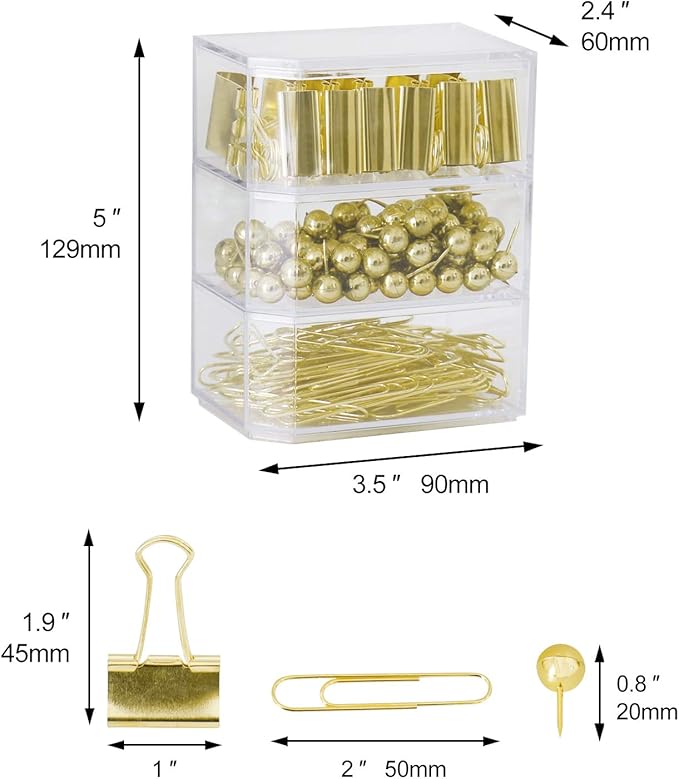 Gold Binder Paper Clips Set,182pcs Large Paper Clips,Binder Clips,Push pins, Office Supplies Clips for Women,Desk Accessory