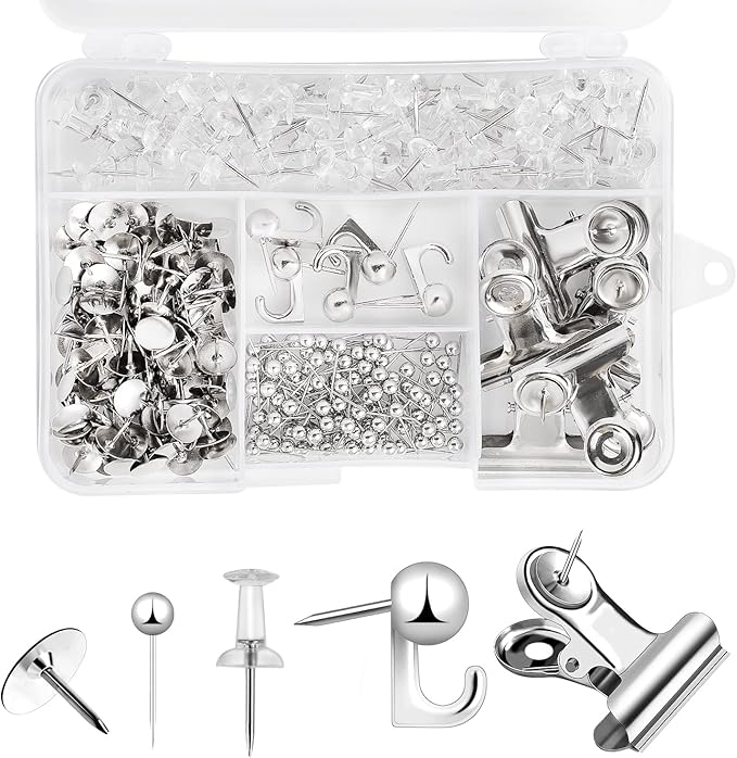 310 Pcs Silver Push Pins Set, Thumb Tacks Decorative Push Pins for Cork Board with Push Pin Hook Pushpin Clip 5 Style Office Accessories for Cork Board Map Office (Silver)