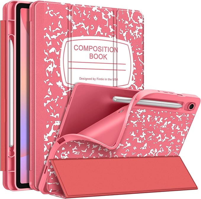 Fintie Slim Case for Samsung Galaxy Tab S10 Lite/ S10 FE/ S9 FE 5G 10.9 Inch/Tab S9 11 Inch with Built-in S Pen Holder, Soft TPU Smart Stand Back Cover Auto Wake/Sleep Feature, Composition Book Pink