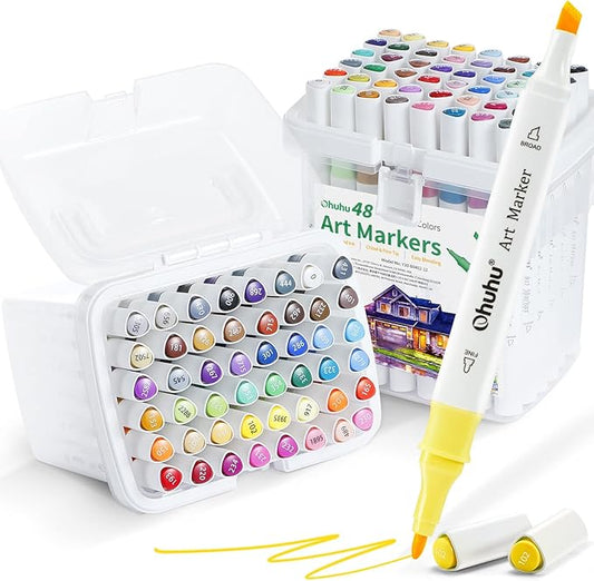 Ohuhu Alcohol Based Markers Set: 96-pack Double Tipped Art Marker - Chisel & Fine Color Sketch Markers for Artists Adult Coloring Drawing Illustration - 2 x Colorless Blender & 2 x Case