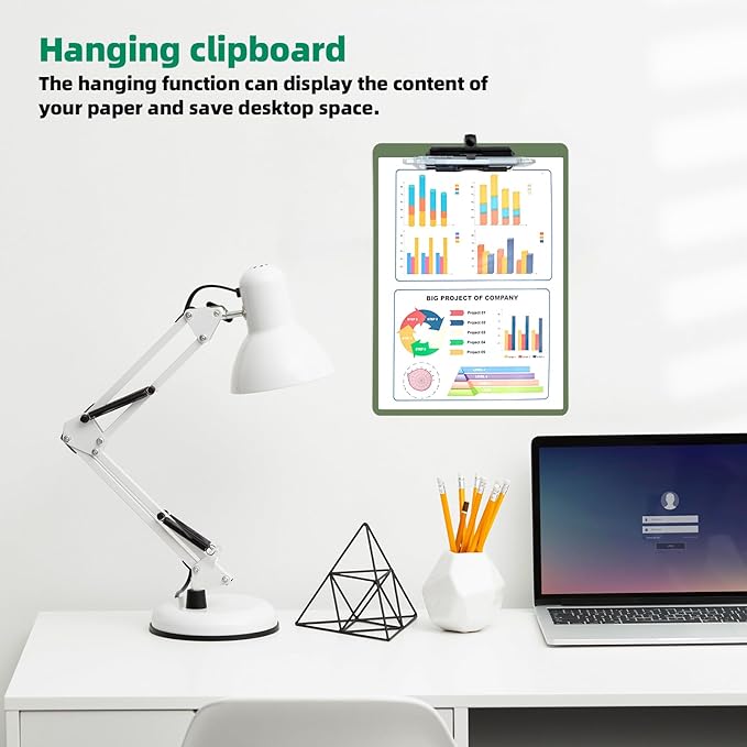 Clipboard with Pen Holder, Plastic Clipboard with Low Profile Metal Clip, Hanging Clip Boards Holds 8.5x11 Inch Papers, Standard A4 Letter Size Clip Boards for Offices & School, Green