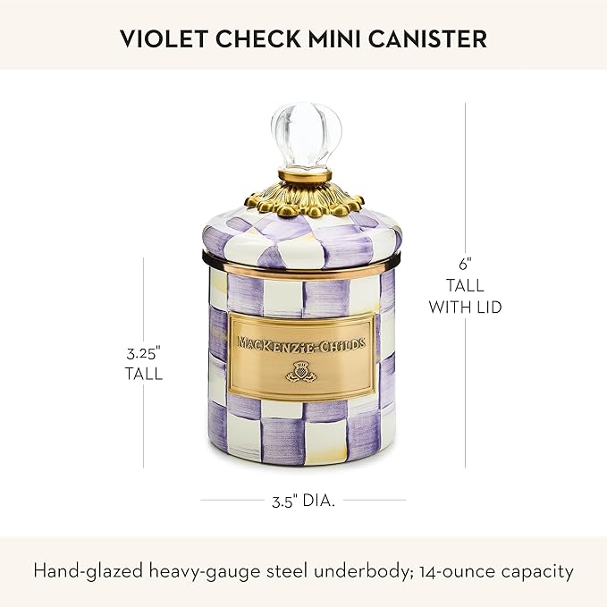 MACKENZIE-CHILDS Enamel Canister, Kitchen Storage Container with Lid, Mini, Purple-and-White Violet Check
