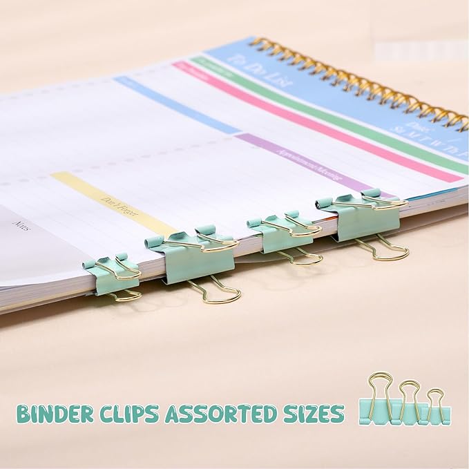 350 Pcs Paper Clips Binder Clip Assorted Sizes, Macaron Green Paper Clamps Office Clips Set Paperclips Rubber Bands Push Pins for Office and School Supplies